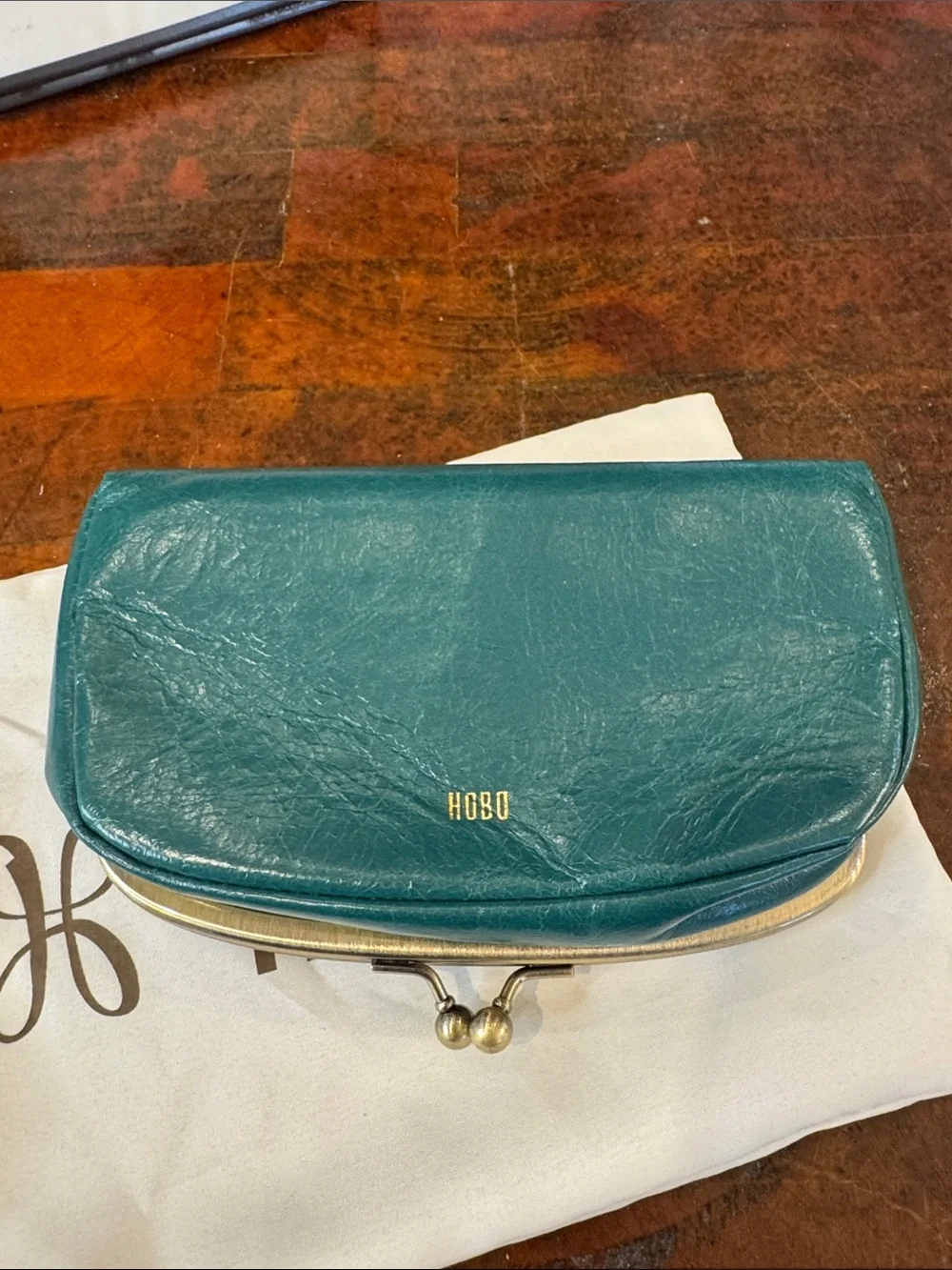 HOBO Teal Kiss-Lock Leather Clutch with Gold-Tone Frame